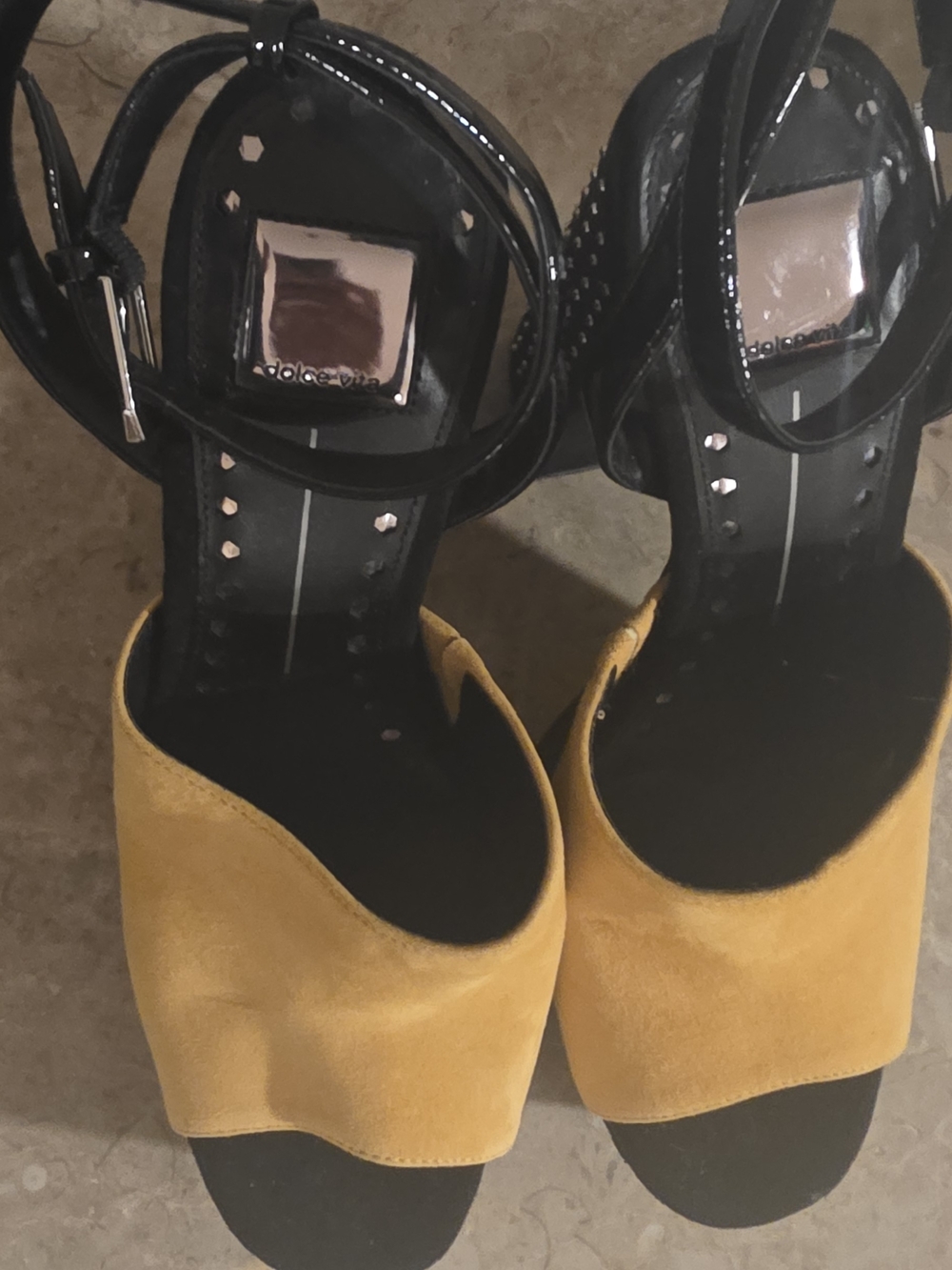 Dolce Vita Black and Mustard Suede Platform Wedge Sandals